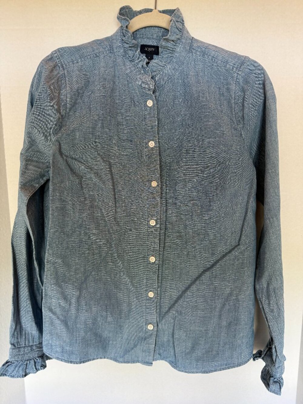 J. Crew Factory Chambray long sleeve Ruffle shirt Size Small A-004